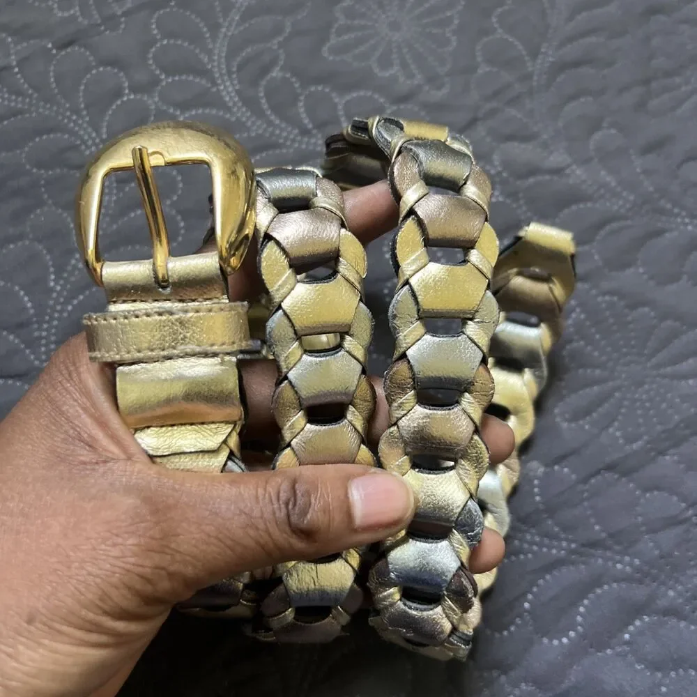 Vintage 70's Belt Adjustable Leather Metallic Glam Wrap Chain Gold Bronze Cream